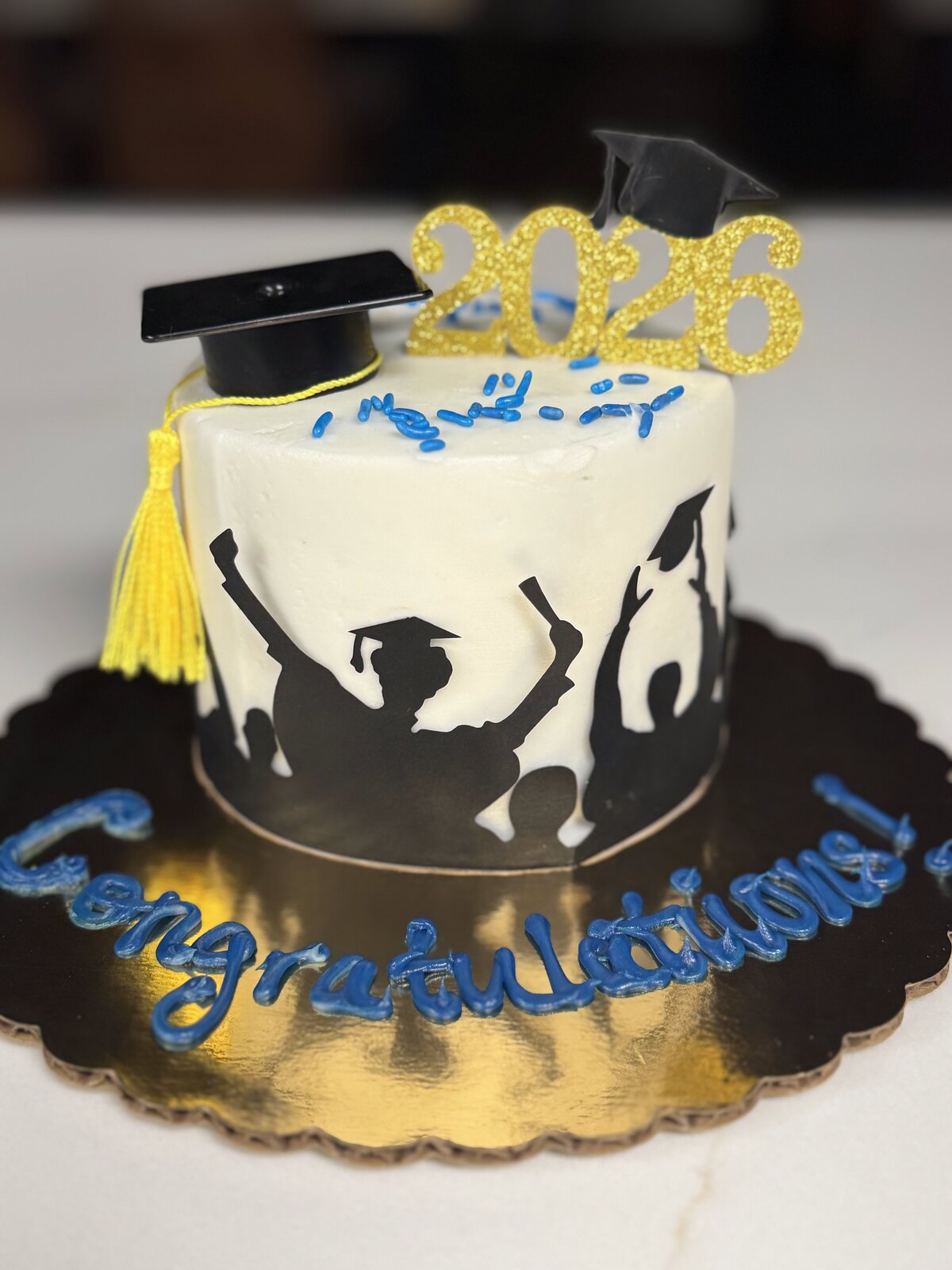 Graduation silhouette cake in black and white at Lu's