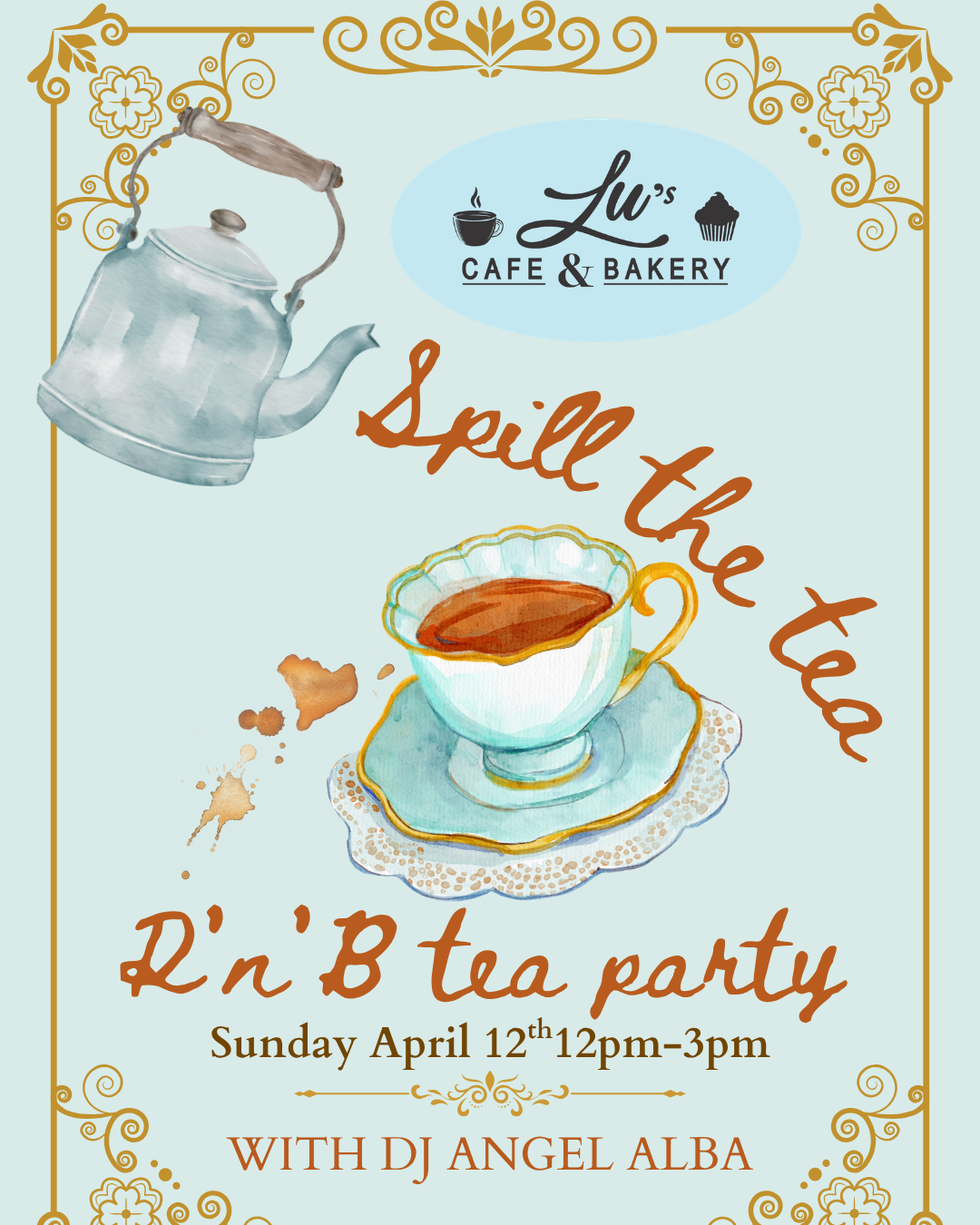 White Blue and Brown Illustrated Tea T Shirt (1)